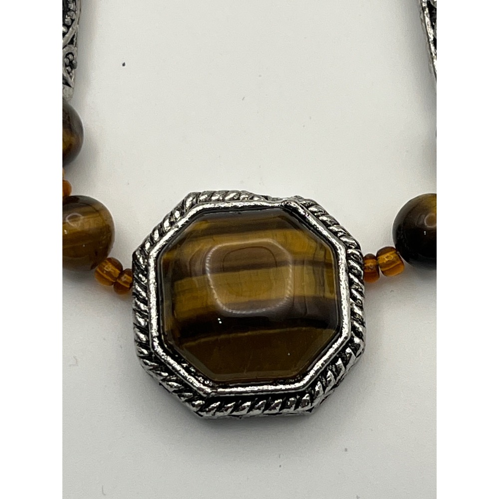 Tigers Eye Beaded Necklace and Earrings Set Silver Tone Southwestern Filigree